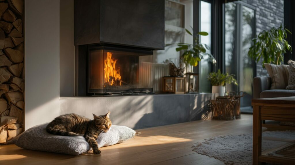 Chat devant un chauffage au bois